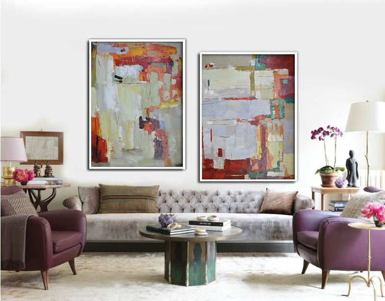 Handmade Large Contemporary Art,Set Of 2 Contemporary Art On Canvas,Living Room Canvas Art,Red,Grey,Orange,Green.etc